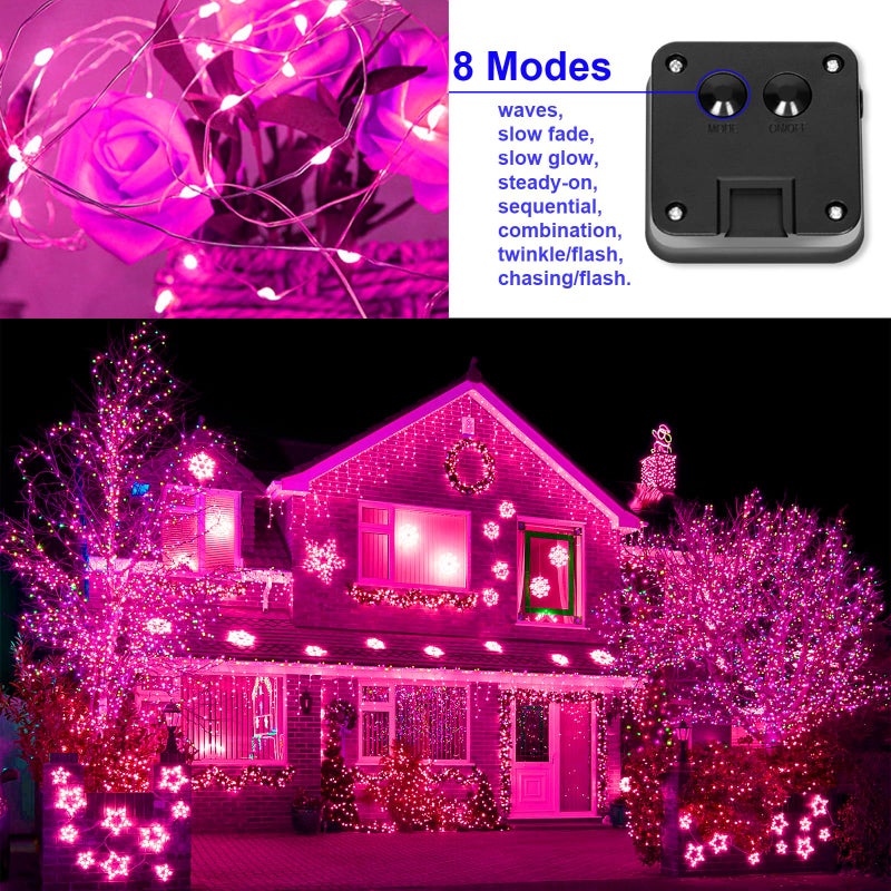 YAOZHOU Solar Christmas String Lights Pink Outdoor Waterproof 100 LEDï¼ˆ2 Packï¼‰ 8 Modes Copper String Lights Fairy Lights for Valentines Day Garden, Patio, Fence, Balcony, Outdoors(Pink 2pcs - Image 4